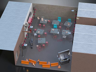 Indoor Dining Area With Red Decorations Orange Benches Dark Flooring And Lighting Fixtures 3d model