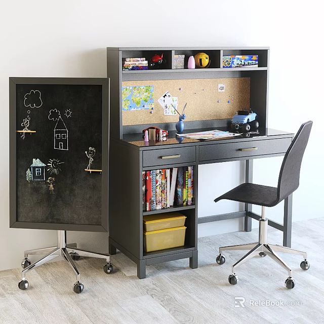 Functional Home Office Desk With Bookshelf Chalkboard Gray Chair Books And Stationery 3d model 