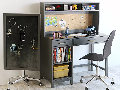 Functional Home Office Desk With Bookshelf Chalkboard Gray Chair Books And Stationery 3d model