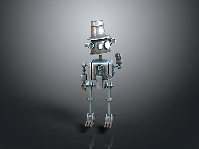 Metallic Silver Robot Character With Top Hat And Humanoid Mechanical Limbs 3d model
