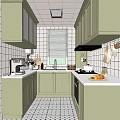 Modern Kitchen Interior With Light Green Cabinets White Tiled Walls And Countertops