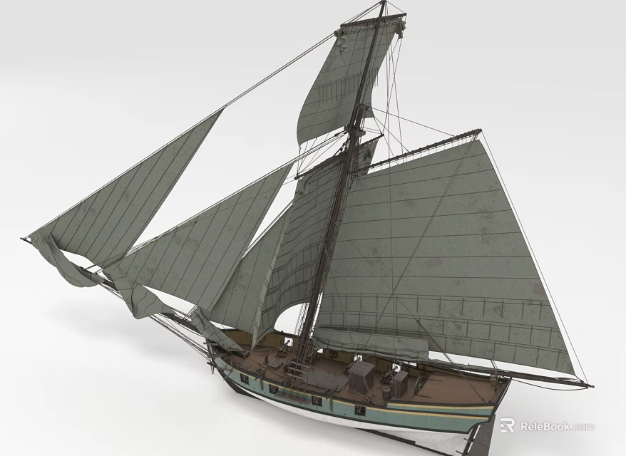 Detailed Classic Sailboat With Multiple Gray Sails And Brown Green Wooden Hull 3d model 