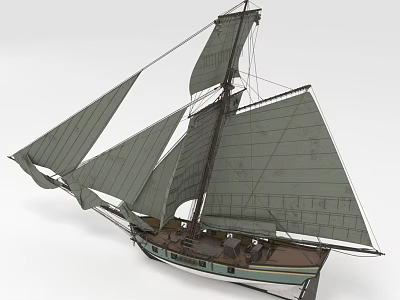Detailed Classic Sailboat With Multiple Gray Sails And Brown Green Wooden Hull 3d model