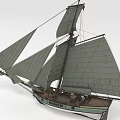 Detailed Classic Sailboat With Multiple Gray Sails And Brown Green Wooden Hull