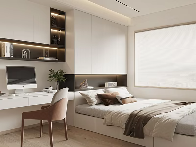 Modern Tatami Bedroom With Desk Computer Bookshelf Storage And Window Plant 3d model