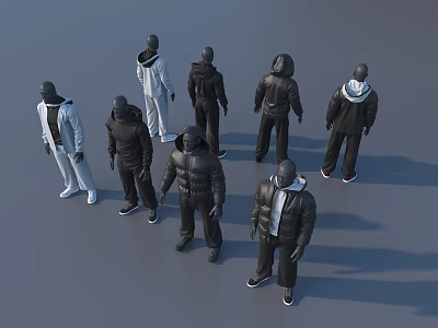 Fashion Models in Black and White Clothing Styles With Hooded Jackets Pants on Gray Background 3d model