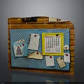 Brick Wall Mounted Blue Bulletin Board With Calendar Papers And Push Pins