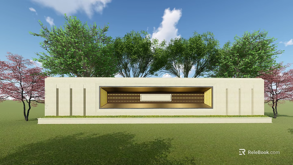 Modern Feature Wall with Light Colored Surface and Gold Inset Design Surrounded by Green Trees 3d model 