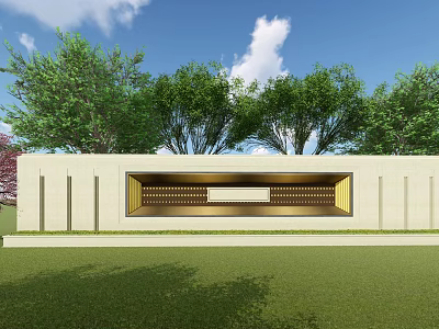 Modern Feature Wall with Light Colored Surface and Gold Inset Design Surrounded by Green Trees 3d model