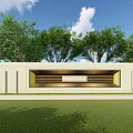 Modern Feature Wall with Light Colored Surface and Gold Inset Design Surrounded by Green Trees