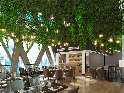 Lush Greenery Restaurant Interior With Hanging Pendant Lights Large Windows Dining Tables And Wooden Floor 3d model