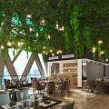 Lush Greenery Restaurant Interior With Hanging Pendant Lights Large Windows Dining Tables And Wooden Floor