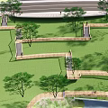 Scenic Park Landscape With Lush Green Lawn Tall Trees Wooden Walkways And Pedestrian Bridge