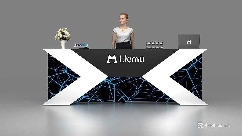 Black Reception Desk With Blue Geometric Patterns Vase Laptop And Receptionist 3d model 