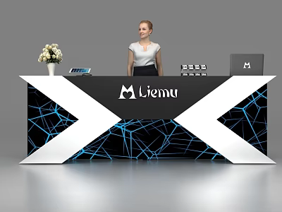 Black Reception Desk With Blue Geometric Patterns Vase Laptop And Receptionist 3d model