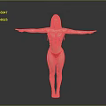 Blonde Woman In Red Striped Bodysuit And Red Bikini With Arms Outstretched Against Gray Background