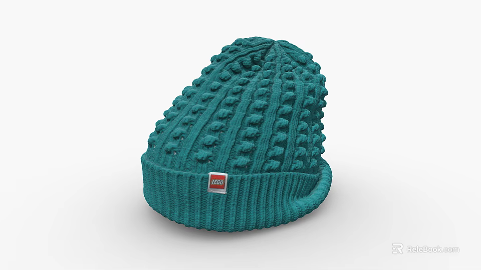 Green Knitted Beanie With Bobble Texture Ribbed Trim And Red Label 3d model 