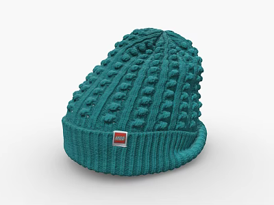 Green Knitted Beanie With Bobble Texture Ribbed Trim And Red Label 3d model