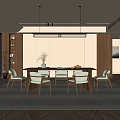 Modern Restaurant Interior With Dining Table Chairs Hanging Lights And Decorative Plants