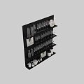 Wine Bottles And Wine Glasses Display On Black Shelves With Decorative Artwork