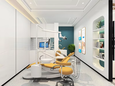 Modern Dental Clinic Interior With Yellow Chair Equipment And Green Wall 3d model