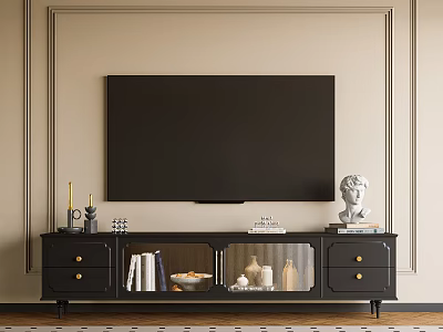 Modern Black TV Stand With TV Drawers Glass Doors And Decorative Items 3d model