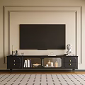Modern Black TV Stand With TV Drawers Glass Doors And Decorative Items