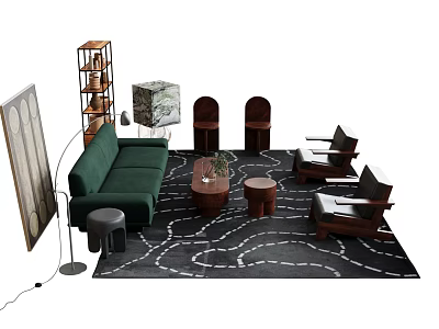 Modern Green Sofa Coffee Table Set With Wooden Chairs Patterned Rug And Floor Lamp 3d model