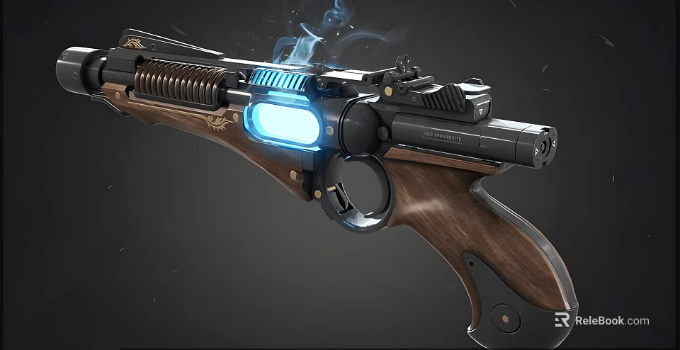 Futuristic Advanced Pistol With Blue Light Wooden Grip Metallic Structure And Smoke 3d model 