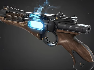 Futuristic Advanced Pistol With Blue Light Wooden Grip Metallic Structure And Smoke 3d model