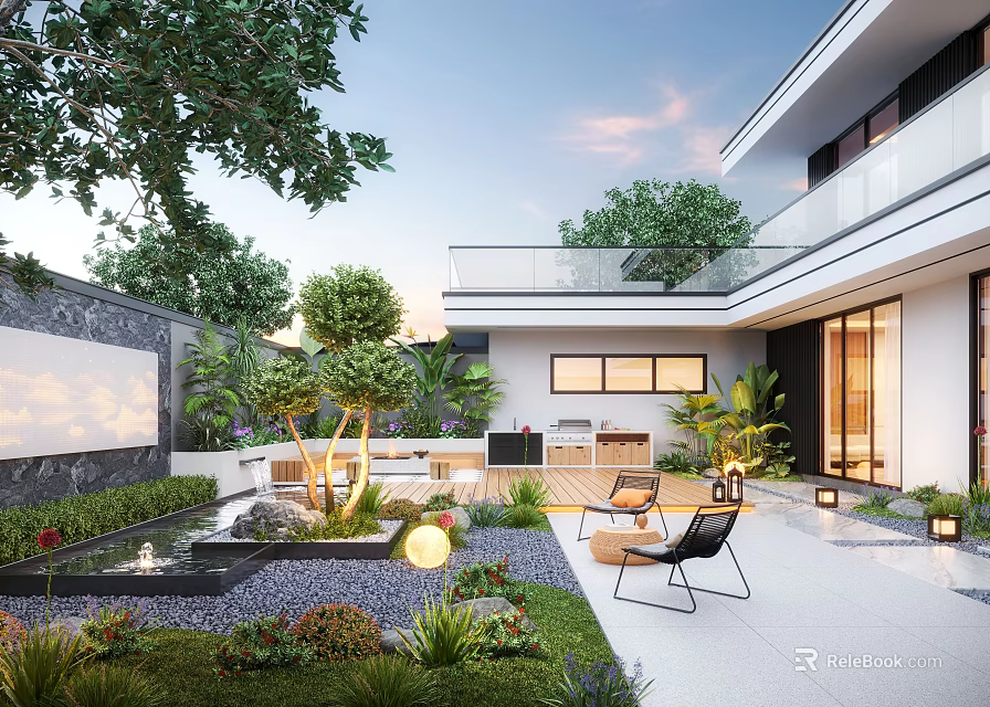 Modern Garden Courtyard With Water Feature Plants Outdoor Chairs And Patio Lighting 3d model 