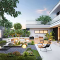 Modern Garden Courtyard With Water Feature Plants Outdoor Chairs And Patio Lighting