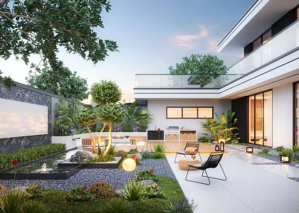 Courtyard landscape plant home courtyard villa courtyard outdoor sofa waterscape landscape wall 3d model