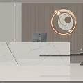 Modern Reception Desk With Marble Countertop Wooden Slat Wall And Circular Light Fixture