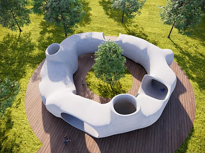 Outdoor Circular Playground Structure On Wooden Deck With Holes And Green Grass 3d model