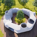 Outdoor Circular Playground Structure On Wooden Deck With Holes And Green Grass