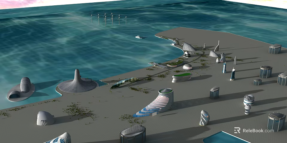 Aerial View Planning of Coastal Modern Architectural Structures With Wind Turbines and Shoreline Design 3d model 