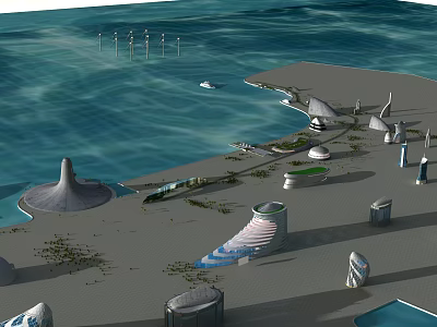 Aerial View Planning of Coastal Modern Architectural Structures With Wind Turbines and Shoreline Design 3d model