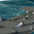 Aerial View Planning of Coastal Modern Architectural Structures With Wind Turbines and Shoreline Design