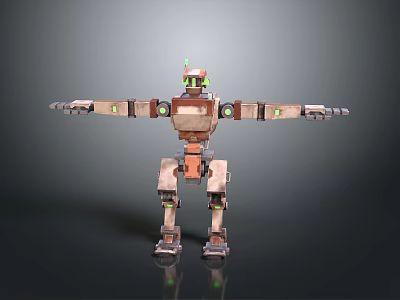 Mechanical Robot Character With Green Eyes Outstretched Arms Green Lights And Metallic Brown Parts 3d model