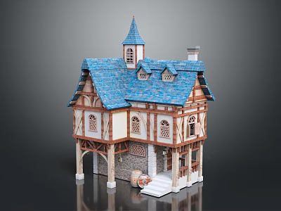 Cartoon Scene Of A House With Blue Roof Tower Wooden Elements And Steps 3d model