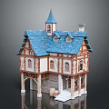 Cartoon Scene Of A House With Blue Roof Tower Wooden Elements And Steps