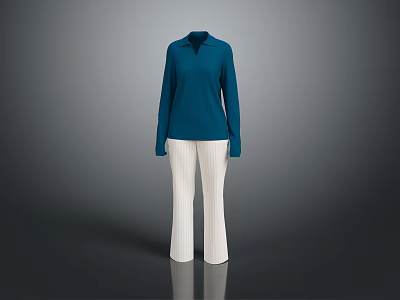 Model wearing dark blue long sleeve top and white striped pants on gray background 3d model