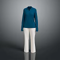 Model wearing dark blue long sleeve top and white striped pants on gray background
