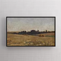 Rural Landscape Painting With Golden Field Dark Trees Haystacks And Serene Sky