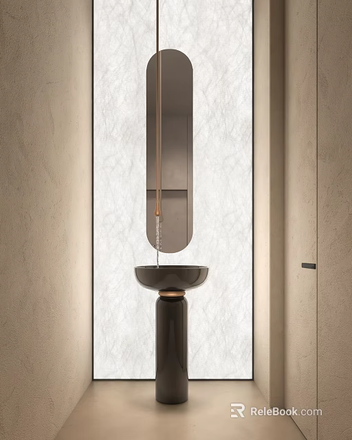 Modern Bathroom Interior With Marble Wall Black Vessel Sink Round Mirror And Hanging Light Fixture 3d model 