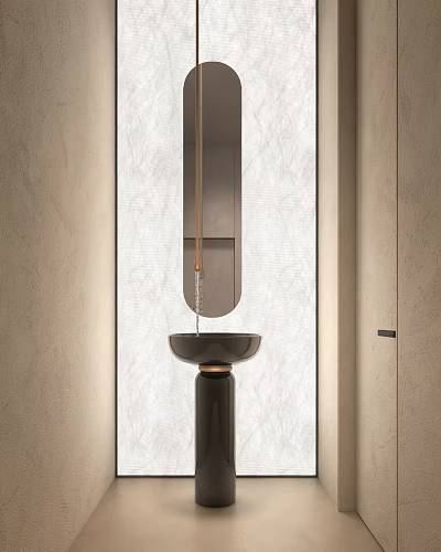 Modern Bathroom Interior With Marble Wall Black Vessel Sink Round Mirror And Hanging Light Fixture 3d model