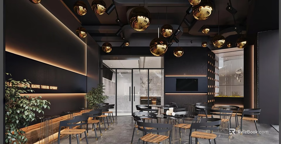 Modern Café Interior With Golden Pendant Lights Dark Walls And Wooden Furniture 3d model 