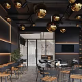 Modern Café Interior With Golden Pendant Lights Dark Walls And Wooden Furniture