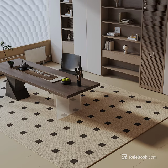 Modern Dining Table Set With Black Chair Geometric Rug Wooden Shelves And Decorative Plant 3d model 